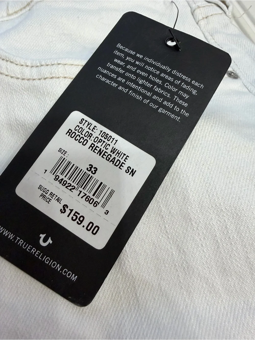True Religion NWT Men’s Sz 33 Rocco Renegade White Relaxed Skinny Jeans